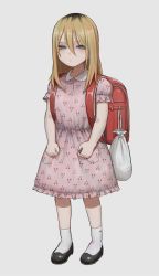 Rule 34 | 1girl, backpack, bag, black footwear, blue eyes, buttons, cherry print, child, clenched hands, closed mouth, collared dress, commentary request, dress, food print, full body, hair between eyes, half-closed eyes, highres, long hair, looking at viewer, original, pink dress, print dress, randoseru, red bag, shoes, short sleeves, simple background, socks, solo, standing, tabao, white background, white bag, white socks