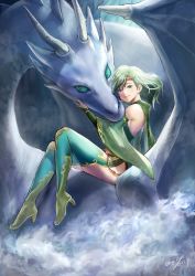 Rule 34 | 1girl, absurdres, breasts, cape, closed mouth, detached sleeves, dragon, final fantasy, final fantasy iv, full body, green eyes, green hair, headband, highres, komugiko no mori, long hair, looking at viewer, aged up, rydia (ff4), smile, square enix, thighhighs, wings