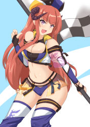 Rule 34 | 1girl, :d, arknights, arms up, bagpipe (arknights), bagpipe (queen no. 1) (arknights), bare shoulders, black gloves, blue background, blue eyes, blue shorts, breasts, cleavage, clothing cutout, commentary request, cowboy shot, crop top, detached collar, elbow gloves, fingerless gloves, flag, gloves, highres, holding, holding flag, horns, large breasts, long hair, midriff, miniskirt, multicolored background, multicolored clothes, multicolored legwear, navel, official alternate costume, open mouth, orange hair, purple legwear, race queen, sangue llia, short shorts, shorts, shoulder cutout, showgirl skirt, skirt, smile, solo, standing, stomach, thighs, weapon, white background, white legwear, zipper