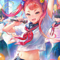 Rule 34 | 5girls, arm up, balloon, bare arms, blouse, blue sailor collar, blue skirt, blurry, breasts, commentary request, confetti, cube, day, depth of field, fang, green eyes, hair ornament, holding, holding microphone, long hair, looking at viewer, microphone, mole, mole under eye, multiple girls, music, navel, neckerchief, open mouth, original, pink hair, pleated skirt, red neckerchief, sailor collar, school uniform, see-through silhouette, serafuku, shirt, short hair, singing, skirt, small breasts, smile, solo focus, sweat, tocope, twintails, upper body