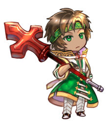 Rule 34 | 1boy, arch bishop (ragnarok online), black footwear, black gloves, brown hair, chibi, closed mouth, colored eyelashes, commentary request, cropped jacket, expressionless, fingerless gloves, full body, gloves, green eyes, green headband, headband, holding, holding weapon, jacket, large cross, looking at viewer, male focus, misuguu, pants, ragnarok online, shoes, short hair, simple background, solo, standing, two-tone footwear, weapon, white background, white footwear, white jacket, white pants