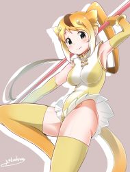 Rule 34 | 10s, 1girl, animal ears, artist name, black eyes, circlet, elbow gloves, gloves, golden snub-nosed monkey (kemono friends), grey background, high ponytail, kemono friends, leotard, long hair, monkey ears, monkey tail, multicolored hair, orange hair, ponytail, solo, staff, standing, standing on one leg, tail, thighhighs, yellow leotard, yellow thighhighs, yokoshima (euphoria)