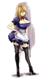Rule 34 | 1girl, apron, black footwear, blonde hair, boots, bow, bowtie, breasts, cleavage, closed mouth, commentary request, contrapposto, copyright request, green eyes, grey thighhighs, hand on own hip, high heel boots, high heels, holding, holding whip, huge breasts, ishii hisao, long hair, puffy short sleeves, puffy sleeves, red bow, red bowtie, short sleeves, single thigh boot, solo, standing, thigh boots, thighhighs, waist apron, whip, white apron