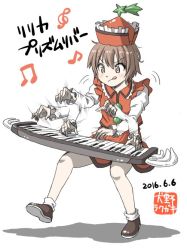 Rule 34 | 1girl, afterimage, beamed quavers, brown eyes, brown hair, character name, dated, eyebrows, full body, hat, instrument, inuno rakugaki, keyboard (instrument), lyrica prismriver, music, musical note, playing instrument, quaver, raised eyebrow, solo, tongue, tongue out, touhou, treble clef, white background