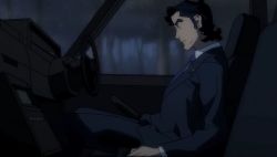 Rule 34 | 1boy, black hair, business suit, car, car interior, cat, closed eyes, dark, eyebrows, forest, formal, indoors, male focus, motor vehicle, nature, necktie, night, profile, screencap, short hair, sideburns, sitting, solo, suit, takayama reiji, tree, vehicle, when you see it, witchblade