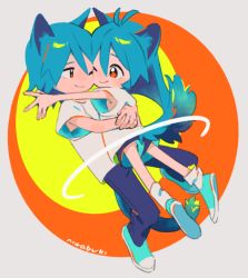 Rule 34 | 1boy, 1girl, ;), animal ear fluff, animal ears, ankle socks, antenna hair, aqua footwear, aqua hair, armpit peek, artist name, bad id, bad tumblr id, brother and sister, cat boy, cat ears, cat girl, cat tail, cheek-to-cheek, closed mouth, eye contact, floating, full body, grey background, hair between eyes, heads together, hug, limited palette, long hair, looking at another, multicolored background, niwabuki, noshime ruka, one eye closed, orange background, orange eyes, original, outstretched arm, pants, satonaka kei, shirt, shoe soles, short sleeves, shorts, siblings, signature, smile, socks, tail, tareme, white shirt, yellow background