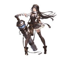 Rule 34 | 10s, 1girl, belt, black eyes, black hair, black thighhighs, blunt bangs, boots, buttons, cuffs, dress, full body, gloves, goggles, goggles on head, granblue fantasy, gun, holster, huge weapon, jessica (granblue fantasy), long hair, m1 bazooka, minaba hideo, official art, open collar, rocket launcher, short dress, shoulder guard, smile, solo, strap, thighhighs, transparent background, weapon, white gloves