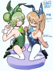 Rule 34 | 2girls, absurdres, alternate costume, arms behind back, bare shoulders, black footwear, blonde hair, bow, bowtie, breasts, bukimi isan, copyright name, detached collar, double bun, green bow, green bowtie, green hair, grin, hair between eyes, hair bun, hand up, highres, kfufu (shy), kneeling, lenya andranof, leotard, looking at viewer, multiple girls, orange eyes, pantyhose, playboy bunny, ponytail, shiny skin, shoes, shy (series), simple background, small breasts, smile, teeth, thighhighs, translation request, v, white background, white pantyhose, white thighhighs, wrist cuffs