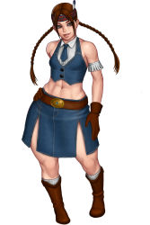 Rule 34 | 1girl, abs, bare shoulders, belt, belt buckle, boots, braid, breasts, brown eyes, brown gloves, brown hair, buckle, buttons, commentary request, cowboy boots, crop top, denim, denim skirt, denim vest, feather hair ornament, feathers, full body, gem, gloves, hair ornament, hanakuso hojiri mashin, hand on own hip, headband, headdress, highres, julia chang, leather, leather gloves, lips, long hair, long skirt, midriff, namco, native american, native american headdress, navel, necktie, nose, parted bangs, shirt, side slit, skirt, sleeveless, sleeveless shirt, small breasts, smile, socks, solo, tekken, toned, twin braids, vest, white background, wide hips