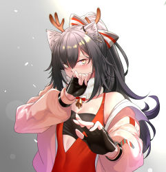 Rule 34 | 1girl, absurdres, animal ears, arknights, bandeau, bell, black gloves, blush, bow, breasts, brown jacket, camisole, cat ears, cleavage, covering own mouth, earrings, fake antlers, fingerless gloves, gloves, grey background, grey hair, hair between eyes, hair bow, hair over one eye, highres, jacket, jewelry, light, long hair, long sleeves, looking at viewer, medium breasts, midriff, neck bell, off shoulder, official alternate costume, ponytail, red camisole, scarf, schwarz (arknights), schwarz (presents) (arknights), shijie jianfa, simple background, solo, strapless, tube top, two-tone background, upper body, white background, white scarf, yellow eyes