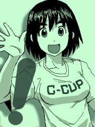 Rule 34 | !, 1girl, :d, ayase fuuka, clothes writing, eyebrows, green background, green theme, happy, looking at viewer, lowres, monochrome, open mouth, shirt, simple background, smile, solo, t-shirt, thick eyebrows, upper body, waving, yotsubato!