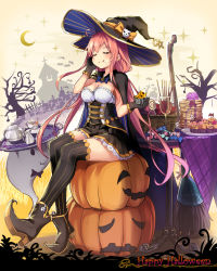 Rule 34 | 1girl, basket, black gloves, black thighhighs, blush, breasts, candy, cloak, closed eyes, closed mouth, cream, cream on face, crescent moon, cup, cupcake, drinking glass, food, food on face, ghost, gloves, halloween, hand in own hair, happy halloween, hat, holding, holding food, jack-o&#039;-lantern, lollipop, long hair, low twintails, medium breasts, moon, original, pancake, pink hair, pumpkin, sidelocks, sitting, smile, solo, striped clothes, striped thighhighs, table, teacup, teapot, thighhighs, tray, twintails, vertical-striped clothes, vertical-striped thighhighs, wine glass, witch, witch hat, yu-yuuki