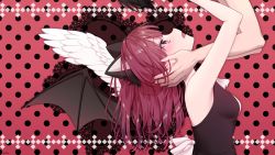 Rule 34 | 1girl, angel wings, animal ears, arms up, ascot, asymmetrical wings, back bow, blush, bow, cat ears, demon wings, facing up, hands on another&#039;s cheeks, hands on another&#039;s face, heart, indie virtual youtuber, lace, long hair, looking up, nanase (ribonshitoron), open mouth, pink eyes, polka dot, polka dot background, profile, reaching, red hair, romeo to cinderella (vocaloid), setsuna hadena, sleeveless, solo focus, virtual youtuber, vocaloid, wings