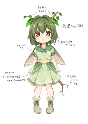 Rule 34 | 1girl, :o, blush, breasts, brown footwear, capelet, collarbone, commentary request, dress, full body, green capelet, green dress, green hair, highres, horns, kinomiki nobori, leaf, looking at viewer, medium dress, open mouth, original, pointy ears, sash, shoes, short hair, short sleeves, simple background, small breasts, solo, standing, tachi-e, translation request, tree horns, tree tail, white background, yellow eyes, yellow sash