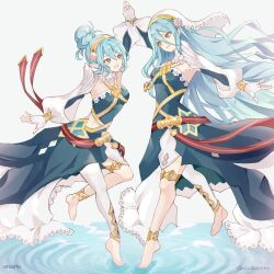 Rule 34 | 2girls, alternate costume, anklet, atoatto, azura (fire emblem), azura (resplendent) (fire emblem), barefoot, blue dress, blue hair, breasts, detached sleeves, dress, fingerless gloves, fire emblem, fire emblem fates, fire emblem heroes, flower, gloves, hair bun, hair flower, hair ornament, hairband, jewelry, kana (female) (fire emblem), kana (fire emblem), light blue hair, long hair, maid headdress, matching outfits, mother and daughter, multiple girls, nintendo, official alternate costume, pointy ears, single bare leg, small breasts, thighlet, very long hair, white background, white gloves, yellow eyes
