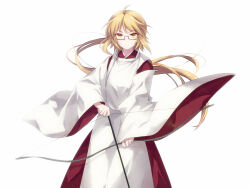 Rule 34 | 1girl, akinomiya asuka, blonde hair, bow (weapon), closed mouth, commentary request, cowboy shot, detached sleeves, glasses, holding, holding bow (weapon), holding weapon, japanese clothes, kimono, long hair, looking at viewer, magahara mitama, mystical power plant, original, ponytail, rectangular eyewear, red kimono, simple background, solo, touhou, weapon, white background, white sleeves, wide sleeves