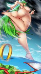 Rule 34 | 2girls, absurdres, ass, bikini, blush, breasts, cleft of venus, completely nude, curvy, female focus, full body, giant, giantess, gluteal fold, green eyes, green hair, highres, huge ass, huge breasts, kid icarus, kid icarus uprising, la potato, long hair, looking at viewer, multiple girls, nintendo, nude, palutena, phosphora, pussy, swimsuit, v, very long hair, wide hips