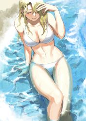 Rule 34 | 1girl, arm support, bikini, blonde hair, breasts, cleavage, day, feet, fullmetal alchemist, hair down, hair over one eye, hand up, highres, knee up, knees together feet apart, large breasts, long hair, navel, ocean, on ground, outdoors, outstretched leg, ozaki (tsukiko3), partially submerged, riza hawkeye, shore, sitting, solo, swimsuit, thigh gap, toned, water, wet, white bikini