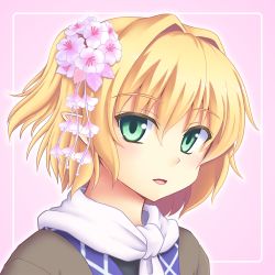 Rule 34 | 1girl, blonde hair, border, flower, green eyes, hair flower, hair ornament, isaki (gomi), looking at viewer, mizuhashi parsee, open mouth, pink background, pointy ears, portrait, scarf, shirt, simple background, smile, solo, touhou, white scarf