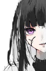 Rule 34 | 1girl, black blood, black hair, black shirt, blood, blood on face, bob cut, clenched hands, closed mouth, highres, hime cut, izmtyan, looking at viewer, medium hair, original, purple eyes, shirt, sweater, upper body, white hair, white sweater