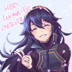 Rule 34 | 1girl, black sweater, blue hair, blush, cape, commentary, closed eyes, fire emblem, fire emblem awakening, hair between eyes, happy birthday, kaijuicery, long hair, lucina (fire emblem), nintendo, ribbed sweater, smile, solo, sweater, tiara, v