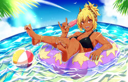 Rule 34 | 1girl, \m/, afloat, anklet, ass, ball, bare legs, bare shoulders, barefoot, beach, beachball, bead bracelet, beads, bikini, bird, black bikini, blonde hair, blue sky, bracelet, breasts, caustics, chain, cleavage, cloud, cloudy sky, collarbone, commentary request, dark-skinned female, dark skin, day, demon girl, demon horns, dripping, eating, fangs, feet, feet up, fingernails, food, foot focus, gold anklet, gold bracelet, gold chain, gradient sky, gyaru, hairstyle request, happy, heart, heart anklet, highres, horizon, horns, ice cream bar, inflatable toy, innertube, jewelry, leaf print, legs apart, light particles, light rays, light reflection (water), long bangs, long fingernails, long toenails, looking at viewer, medium breasts, medium hair, multiple anklets, neko 040, ocean, open mouth, orange eyes, original, palm leaf, pointy ears, ponytail, popsicle, red eyes, reflection, reflective water, ripples, seagull, see-through, shallow water, sharp fingernails, sharp toenails, shiny skin, sitting, sky, smile, soles, solo, sparkling eyes, summer, sun glare, swim ring, swimsuit, tan, thick thighs, thighs, toe scrunch, toenails, toes, two-tone eyes, water, waves, wet