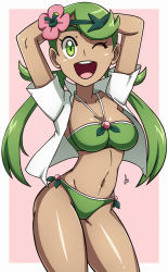 Rule 34 | 1girl, :d, alternate color, arms behind head, arms up, bikini, breasts, cleavage, collared shirt, creatures (company), dark-skinned female, dark skin, flower, flower on head, game freak, green bikini, green eyes, green hair, groin, hair flower, hair ornament, hip focus, large breasts, looking at viewer, mallow (pokemon), navel, nintendo, open clothes, open mouth, open shirt, pokemon, pokemon sm, scott bennett, shiny skin, shirt, short sleeves, simple background, smile, solo, swept bangs, swimsuit, teeth, trial captain, twintails, white background
