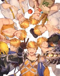 Rule 34 | 1boy, animal, apple, armor, baguette, beret, black armor, blonde hair, blush, bracelet, bread, brown gloves, cat, cheek bulge, clone, cover, fanbook, food, fruit, glasses, gloves, granblue fantasy, granblue fantasy (style), green eyes, happy, hat, higashigunkan, highres, holding, holding stuffed toy, jewelry, large pectorals, laughing, looking at viewer, male focus, multiple views, muscular, muscular male, official alternate costume, one eye closed, open mouth, pectorals, shirt, simple background, sleeping, smile, stuffed animal, stuffed toy, suspenders, upper body, v, vane (granblue fantasy), white cat, white shirt
