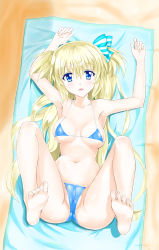 Rule 34 | 1girl, absurdres, bare legs, bare shoulders, barefoot, bikini, blonde hair, blue bikini, blue eyes, bow, breasts, feet, hair bow, hair ornament, hair ribbon, highres, liseanon, liz hohenstein, looking at viewer, lying, muv-luv, muv-luv alternative, navel, on back, open mouth, ribbon, schwarzesmarken, soles, solo, swimsuit, toes, twintails