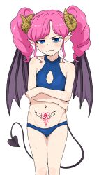 Rule 34 | 1girl, :q, aikatsu!, aikatsu! (series), amahane madoka, bare shoulders, bikini, blue bikini, blue eyes, blush, curled horns, demon girl, demon horns, demon tail, flat chest, heart, heart-shaped pupils, highres, horns, looking at viewer, medium hair, monsterification, osame, pink hair, pointy ears, pubic tattoo, simple background, solo, standing, sweat, swimsuit, symbol-shaped pupils, tail, tattoo, thigh gap, tongue, tongue out, twintails, white background