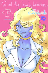 Rule 34 | 1girl, angel, blonde hair, blue skin, breasts, choker, cleavage, colored skin, curly hair, female focus, gabrielle (sister claire), grey eyes, hair over one eye, kiss, lips, lipstick mark, long hair, signature, sister claire (yamino), smile, solo, yamino