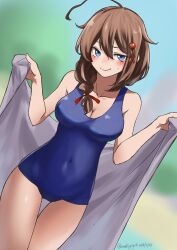 Rule 34 | 1girl, absurdres, ahoge, beach, blue eyes, blue sky, blurry, blurry background, blush, braid, brown hair, gluteal fold, hair flaps, hair ornament, hair over shoulder, highres, kantai collection, long hair, outdoors, sand, school swimsuit, shigure (kancolle), shigure kai ni (kancolle), signature, single braid, sky, smile, solo, swimsuit, towel, twitter username, umibudou