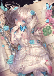 Rule 34 | 1girl, animal, bare shoulders, blue butterfly, blue eyes, blue flower, blue rose, blush, book, bow, brown hair, bug, butterfly, closed mouth, commentary request, detached sleeves, dress, flower, hair between eyes, hair bow, hair flower, hair ornament, high heels, highres, insect, leg up, lolita fashion, long hair, lying, mini person, minigirl, on stomach, open book, original, pantyhose, pink flower, pink rose, puffy short sleeves, puffy sleeves, rose, shoe soles, shoes, short sleeves, solo, tears, very long hair, white bow, white dress, white pantyhose, white sleeves, yumeichigo alice