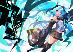 Rule 34 | 1girl, absurdres, aqua eyes, aqua hair, armpits, bare shoulders, black skirt, black thighhighs, collared shirt, commentary, detached sleeves, dutch angle, grey shirt, hair between eyes, hair ornament, hatsune miku, headphones, highres, kaamin (mariarose753), long hair, looking at viewer, midriff, miniskirt, pleated skirt, shirt, sidelocks, skirt, sleeveless, sleeves past wrists, slit pupils, smile, solo, thighhighs, twintails, very long hair, vocaloid, zettai ryouiki