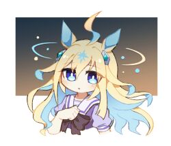 Rule 34 | 1girl, ahoge, animal ears, blonde hair, blue eyes, blue hair, blush, bow, bowtie, chibi, colored inner hair, cropped torso, hair ornament, hand up, horse ears, long hair, looking at viewer, multicolored hair, neo universe (umamusume), parted lips, purple shirt, revi 616, sailor collar, shirt, short sleeves, solo, two side up, umamusume, upper body