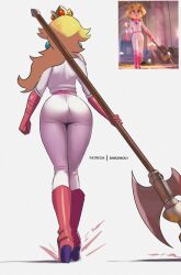 Rule 34 | 1girl, ass, axe, back, biker peach, blonde hair, boots, clenched hand, crown, dynamic pose, from behind, full body, gloves, highres, hip focus, lady shin, latex, latex boots, looking back, mario (series), nintendo, princess peach, screenshot inset, solo, the super mario bros. movie, thighs, walking, weapon