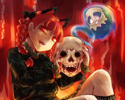 Rule 34 | 1girl, animal ears, blood, blue fire, bow, braid, cat ears, dress, extra ears, fangs, feet out of frame, fire, flaming skull, floating skull, glowing, glowing eyes, green dress, hair bow, hair ribbon, hitodama, holding, holding skull, hourai kochou, kaenbyou rin, knee up, long hair, long sleeves, looking at viewer, nail polish, open mouth, red background, red eyes, red hair, red nails, ribbon, simple background, sitting, skull, solo, teeth, tongue, touhou, tress ribbon, twin braids