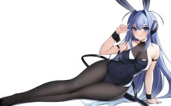 Rule 34 | 1girl, :3, absurdres, animal ears, armband, azur lane, bare shoulders, black footwear, black legwear, black leotard, blue eyes, blue hair, blue nails, breasts, cleavage, closed mouth, commentary, covered navel, fake animal ears, full body, hair between eyes, hair ornament, hand up, highleg, highleg leotard, highres, large breasts, legs together, leotard, long hair, looking at viewer, lying, nail polish, new jersey (azur lane), new jersey (exhilarating steps!) (azur lane), official alternate costume, on side, playboy bunny, see-through, see-through cleavage, shadow, simple background, solo, strapless, strapless leotard, tamatabe, thighs, very long hair, white background, wrist cuffs