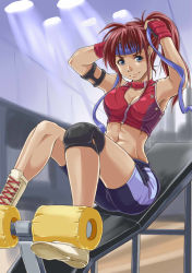 Rule 34 | 1girl, abs, arms up, asymmetrical breasts, blue eyes, blue headband, breasts, brown hair, cleavage, cross-laced footwear, full body, gloves, headband, indoors, knee pads, long hair, looking at viewer, medium breasts, midriff, muscular, muscular female, navel, nikulas cage, original, ponytail, red gloves, shorts, sitting, solo, thighs, tying headband, white footwear