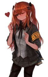 Rule 34 | 1girl, ;&lt;, ahoge, armband, bad id, bad pixiv id, black pantyhose, breasts, contrapposto, cowboy shot, dokomon, girls&#039; frontline, hair between eyes, hair ornament, hair ribbon, hairclip, heart, jacket, long hair, looking at viewer, medium breasts, neck ribbon, one eye closed, orange eyes, orange hair, pantyhose, pleated skirt, pointing, pointing at self, ribbon, scar, scar across eye, scar on face, simple background, skirt, solo, standing, sweat, thigh strap, twintails, ump9 (girls&#039; frontline), white background