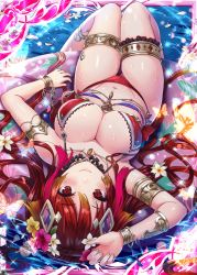 Rule 34 | 1girl, anklet, arm up, armlet, artist request, bare shoulders, bikini, bracelet, breasts, choker, cleavage, closed mouth, crossover, flower, gradient hair, hair flower, hair ornament, halterneck, innertube, jewelry, large breasts, long hair, looking at viewer, multicolored hair, navel, official art, red bikini, red eyes, red hair, shinkai no valkyrie, smile, solo, stomach, string bikini, swim ring, swimsuit, thighs, upside-down, very long hair, water, wet