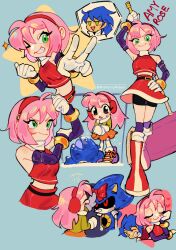 Rule 34 | 1girl, 2boys, absurdres, amy rose, blue hair, bow, character name, english text, green eyes, hammer, highres, historiaallen, holding, holding hammer, humanization, looking at viewer, medium hair, metal sonic, multiple boys, non-humanoid robot, pink hair, red bow, red eyes, robot, sonic (series), sonic the hedgehog