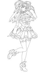Rule 34 | 1girl, arm up, bow, breasts, character request, choker, cleavage, copyright request, cosmic bear, frilled choker, frills, full body, greyscale, hairband, head tilt, high heels, juliet sleeves, leg up, lineart, lolita fashion, lolita hairband, long sleeves, looking to the side, monochrome, puffy sleeves, skirt, solo, standing, standing on one leg, thighhighs, twintails, wings