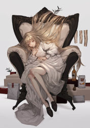 Rule 34 | 1girl, absurdres, alcohol, bag, blanket, blonde hair, blood, bottle, box, brown footwear, chair, dress, food, hand on own chest, highres, holding, holding blanket, lm7 (op-center), log, long hair, looking at viewer, meat, no legwear, open mouth, original, pinecone, plant, red eyes, simple background, sitting, solo, very long hair