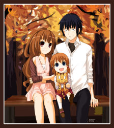Rule 34 | 00s, 1boy, 2009, 2girls, aged up, aisaka taiga, artist name, autumn, bench, black hair, blue eyes, brown eyes, brown hair, child, dated, doll, family, father and daughter, happy, highres, husband and wife, if they mated, jewelry, kimatg, long hair, low twintails, mother and daughter, multiple girls, palmtop tiger, ring, smile, spoilers, stuffed animal, stuffed tiger, stuffed toy, takasu ryuuji, tiger, toradora!, tsurime, twintails, wedding band