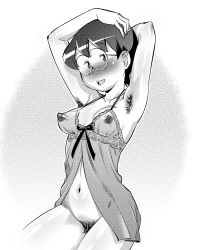 Rule 34 | 1girl, abemorioka, armpit hair, armpits, arms behind head, arms up, babydoll, black hair, blush, breasts, doraemon, covered erect nipples, female pubic hair, glasses, highres, lingerie, monochrome, nightgown, nipples, no panties, nobi tamako, pubic hair, see-through, shirt, short hair, solo, sweater, taut clothes, taut shirt, translated, uncensored, underwear