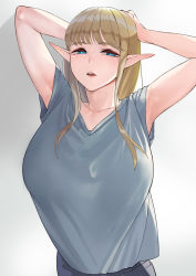 Rule 34 | 1girl, absurdres, armpits, arms behind head, arms up, blonde hair, blue eyes, blue shirt, breasts, bright pupils, collarbone, elf, half-closed eyes, highres, large breasts, long hair, looking at viewer, loose clothes, loose shirt, mute (mute89539160), open mouth, original, pointy ears, shirt, shirt tucked in, sidelocks, simple background, solo, t-shirt, tented shirt, upper body, v-neck