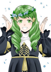 Rule 34 | 1girl, absurdres, arms up, blue flower, commentary request, drill hair, fire emblem, fire emblem: three houses, flayn (fire emblem), flower, green eyes, head wreath, highres, looking at viewer, midori no baku, nintendo, simple background, smile, solo, teeth, upper body, white background