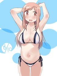 Rule 34 | 1girl, aikawa chiho, arms behind head, arms up, bikini, breasts, brown eyes, brown hair, collarbone, commentary request, cowboy shot, dated, huge breasts, katatsuka kouji, long hair, looking at viewer, navel, side-tie bikini bottom, smile, solo, standing, swimsuit, two-tone background, two-tone bikini, white background, yuyushiki