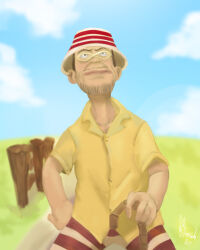 Rule 34 | 1boy, brown hair, cane, closed mouth, cloud, cloudy sky, day, facial hair, glasses, hat, highres, holding, holding cane, looking up, one piece, shirt, short hair, short sleeves, signature, sky, solo, stick, strayzinho, striped clothes, striped headwear, woop slap, yellow shirt